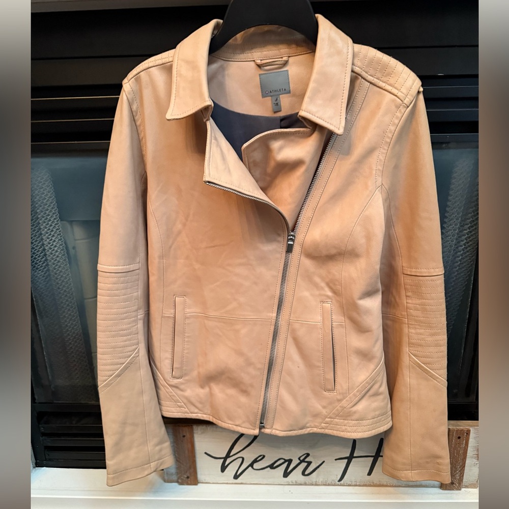 Athleta Cream Leather Moto Jacket with Quilted Sleeve Detail